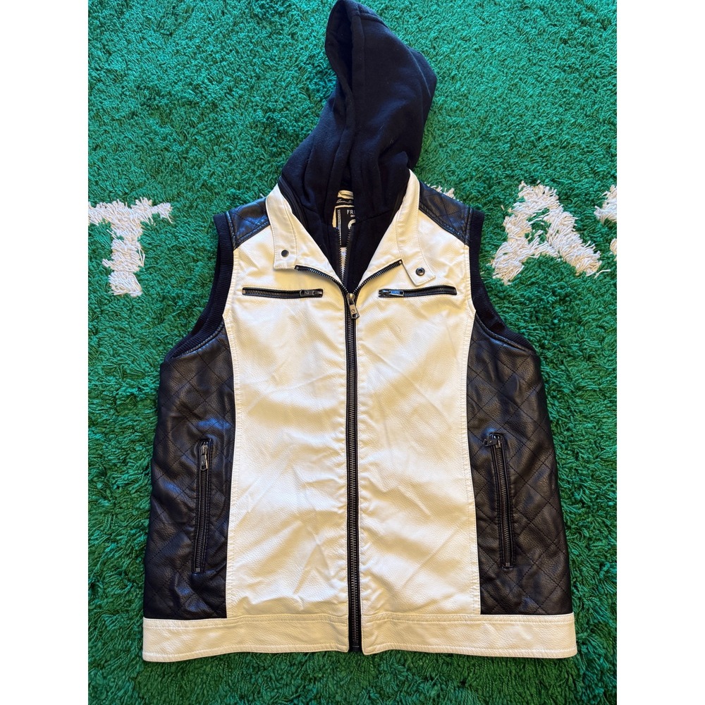 Free Nature Hooded Vest Mens L White Black Excellent Faux Leather Biker Quilted